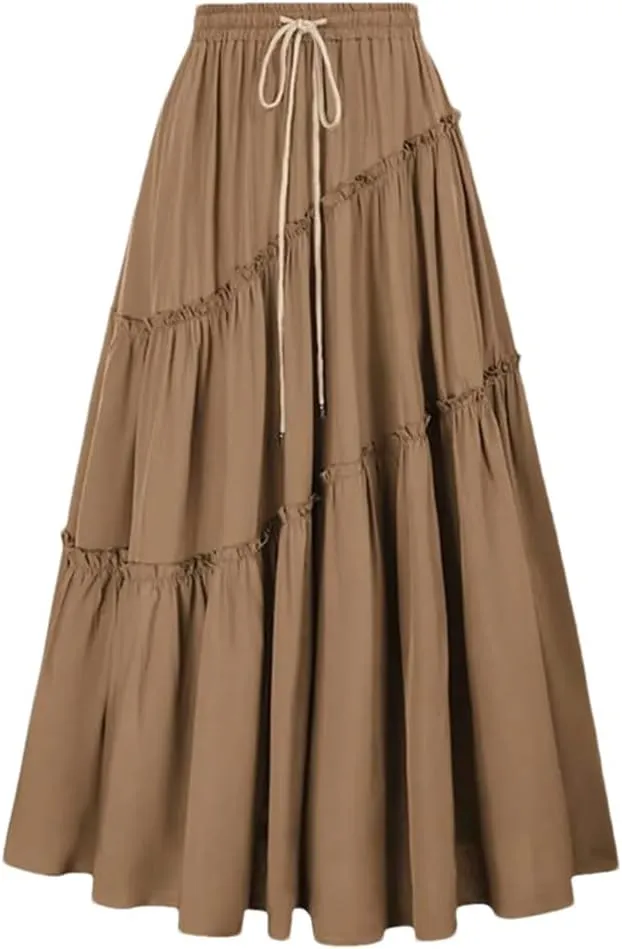 Women's Bohemian Style Skirts High Waist Pleated A Line Long Skirt with Drawstring Large Swing Folded Half Skirt