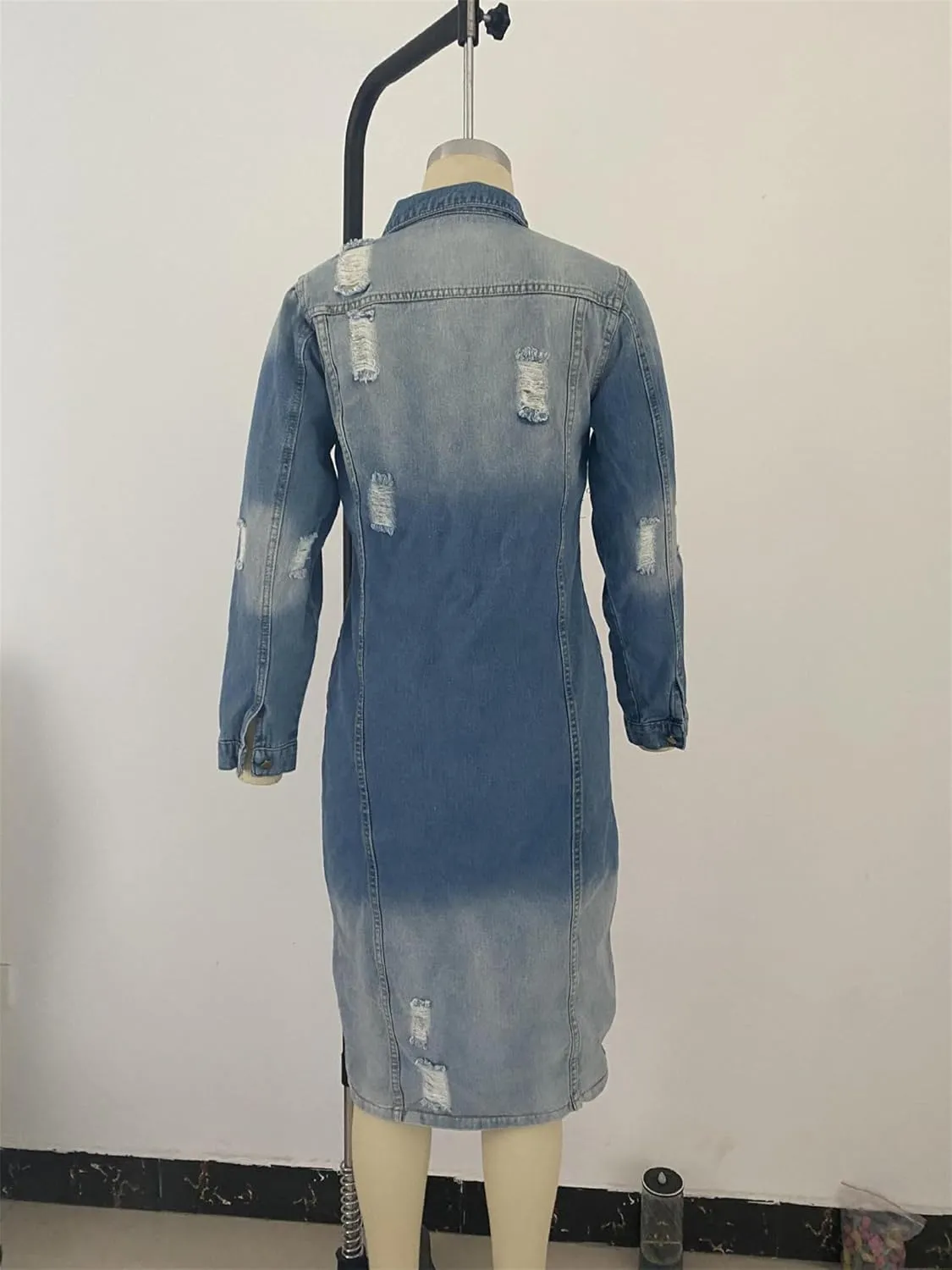 Women's Button Down Ripped Denim Jacket Distressed Hole Over Knee Midi Trench Coat Destroyed Long Jean Jacket