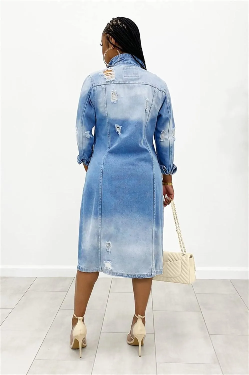 Women's Button Down Ripped Denim Jacket Distressed Hole Over Knee Midi Trench Coat Destroyed Long Jean Jacket