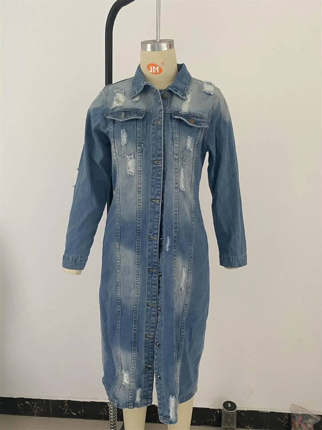 Women's Button Down Ripped Denim Jacket Distressed Hole Over Knee Midi Trench Coat Destroyed Long Jean Jacket