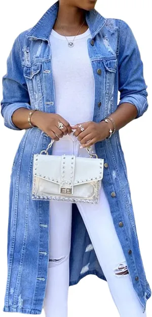 Women's Button Down Ripped Denim Jacket Distressed Hole Over Knee Midi Trench Coat Destroyed Long Jean Jacket