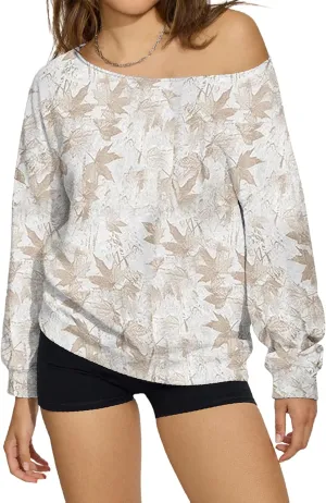 Womens Camo Off The Shoulder Sweatshirt Maple Leaf Print One Shoulder Sweatshirts Long Sleeve Loose Fleece Pullover