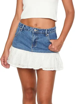 Women's Casual Y2K Denim Mini Skirt Lace Panel Hem Slim Fit A-Line Pleated Ruffle Short Mini Denim Skirt