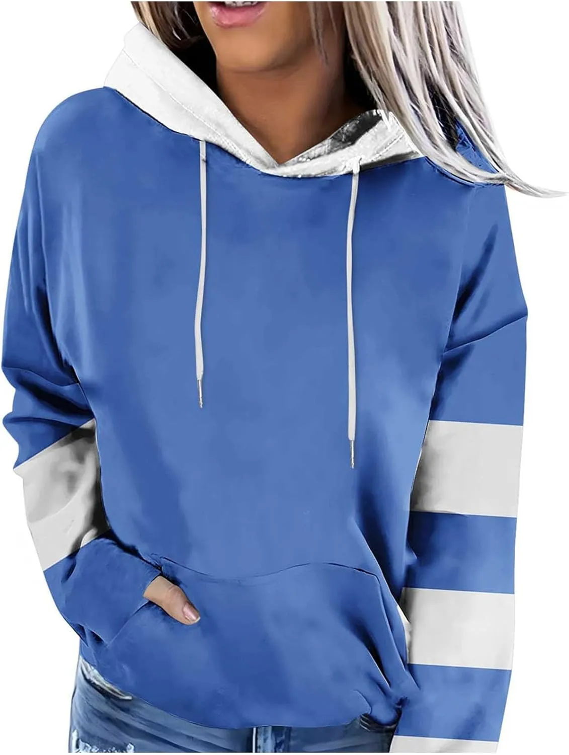 Women's Color Block Hoodie Sweatshirt Casual Long Sleeve Drawstring Jacket Sweater with Pockets Loose Fit Fall Coat