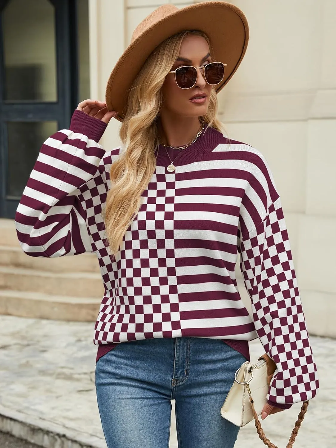 Women's Crewneck Lantern Long Sleeve Sweaters 2024 Oversized Ribbed Knit Pullover Jumper Tops