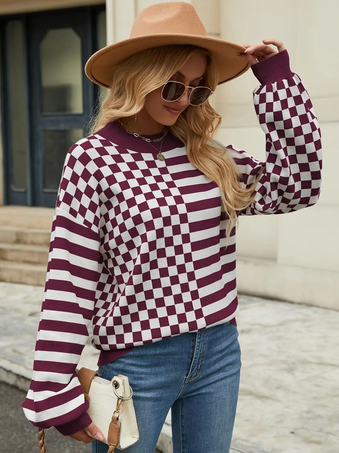 Women's Crewneck Lantern Long Sleeve Sweaters 2024 Oversized Ribbed Knit Pullover Jumper Tops