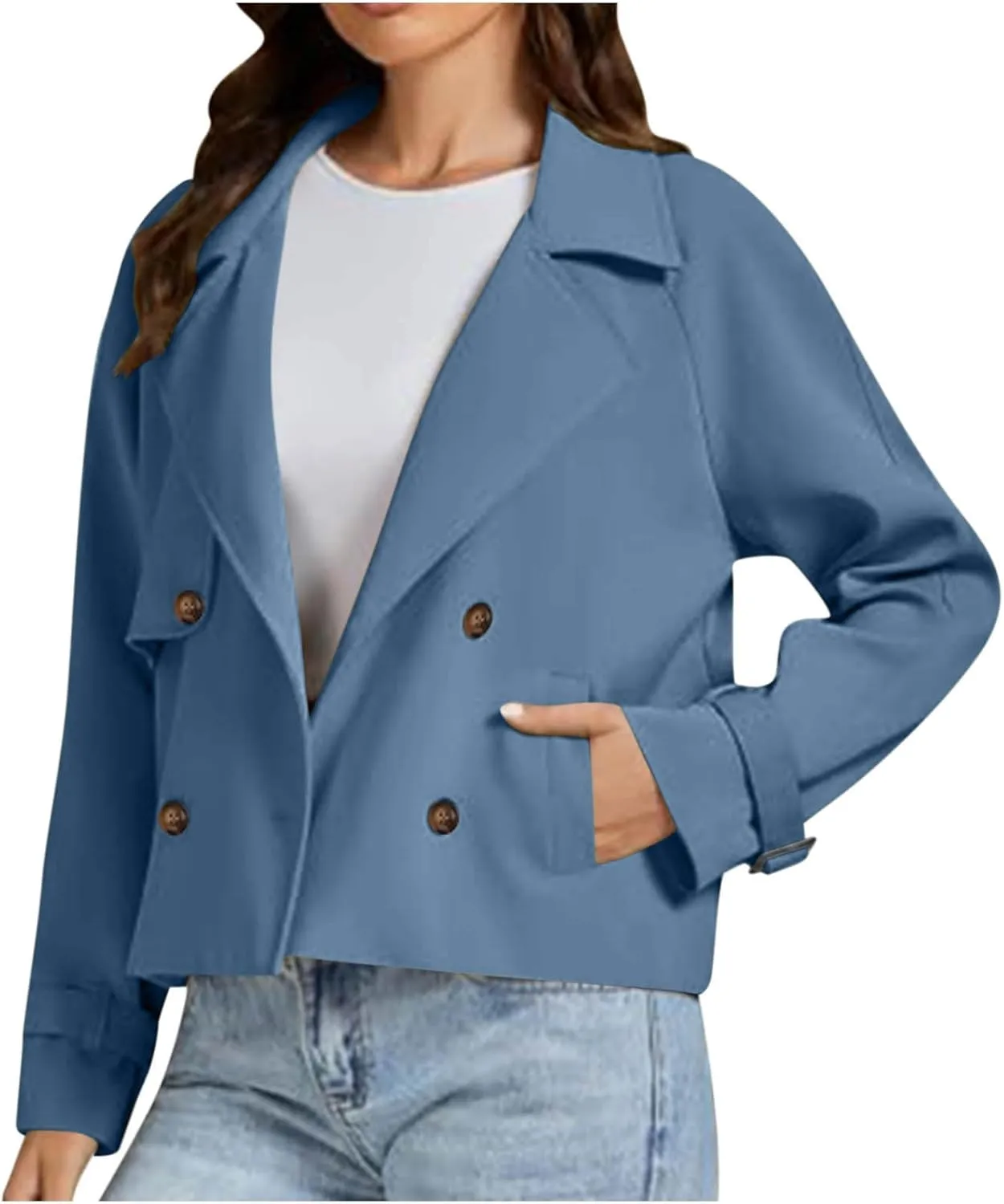 Womens Cropped Trench Coats Casual Double Breasted Short Jackets Fall Winter Fashion Outerwear with Pockets 2024