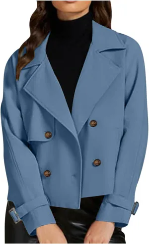 Womens Cropped Trench Coats Casual Double Breasted Short Jackets Fall Winter Fashion Outerwear with Pockets 2024