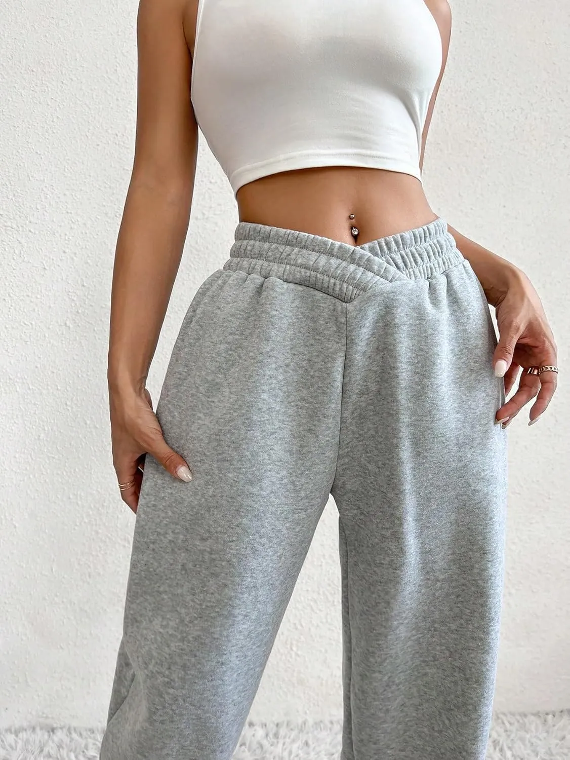 Women's Crossover High Waisted Athletic Baggy Sweatpants Y2K Casual Sports Yoga Jogger Pants with Pockets
