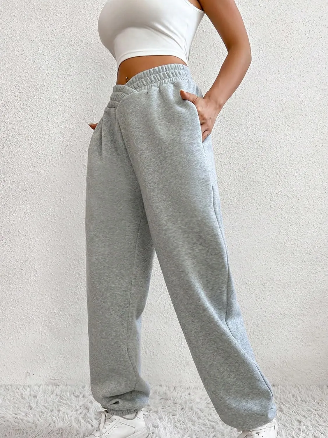 Women's Crossover High Waisted Athletic Baggy Sweatpants Y2K Casual Sports Yoga Jogger Pants with Pockets