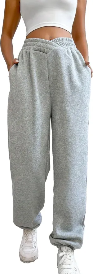 Women's Crossover High Waisted Athletic Baggy Sweatpants Y2K Casual Sports Yoga Jogger Pants with Pockets