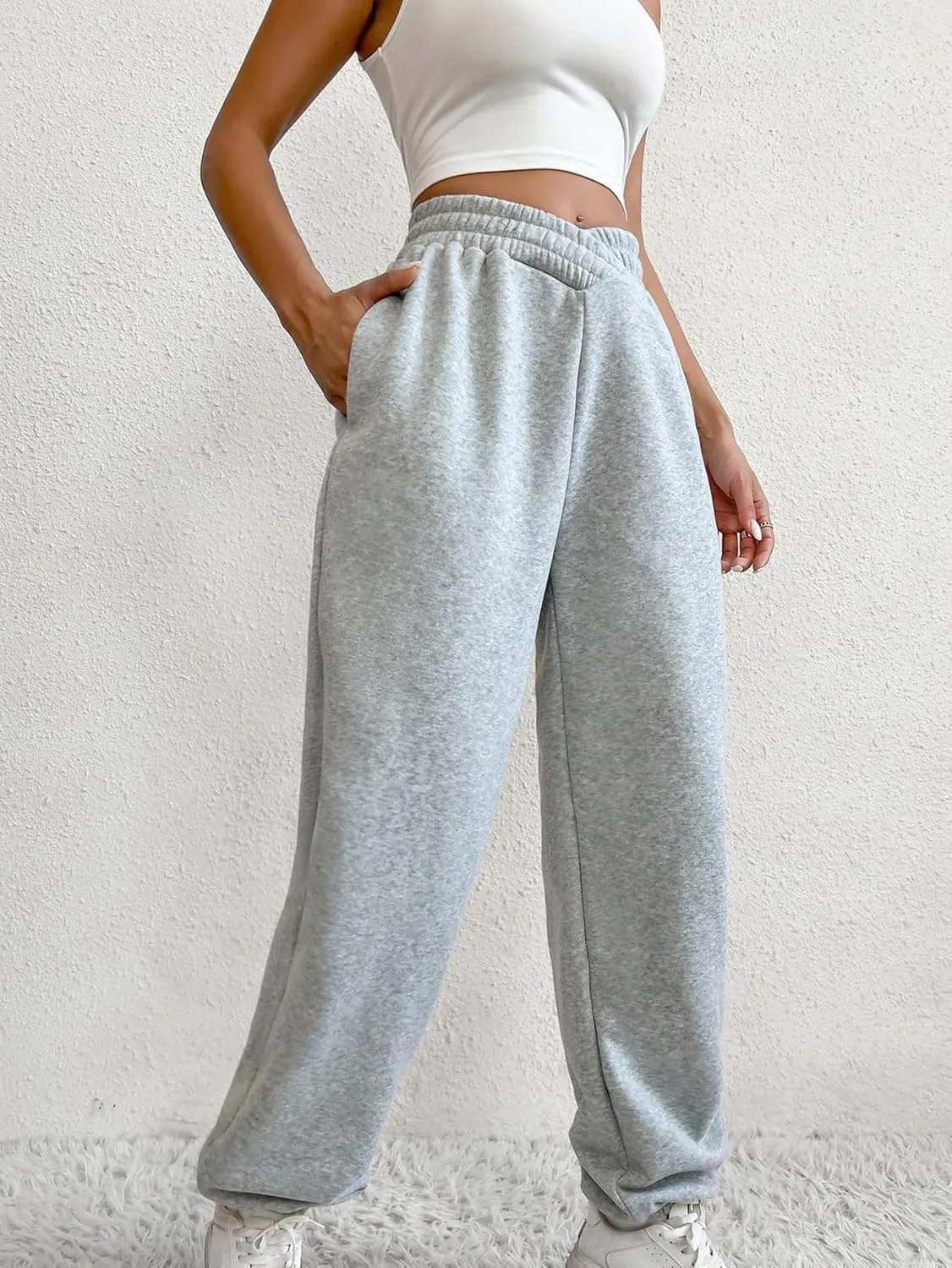 Women's Crossover High Waisted Athletic Baggy Sweatpants Y2K Casual Sports Yoga Jogger Pants with Pockets