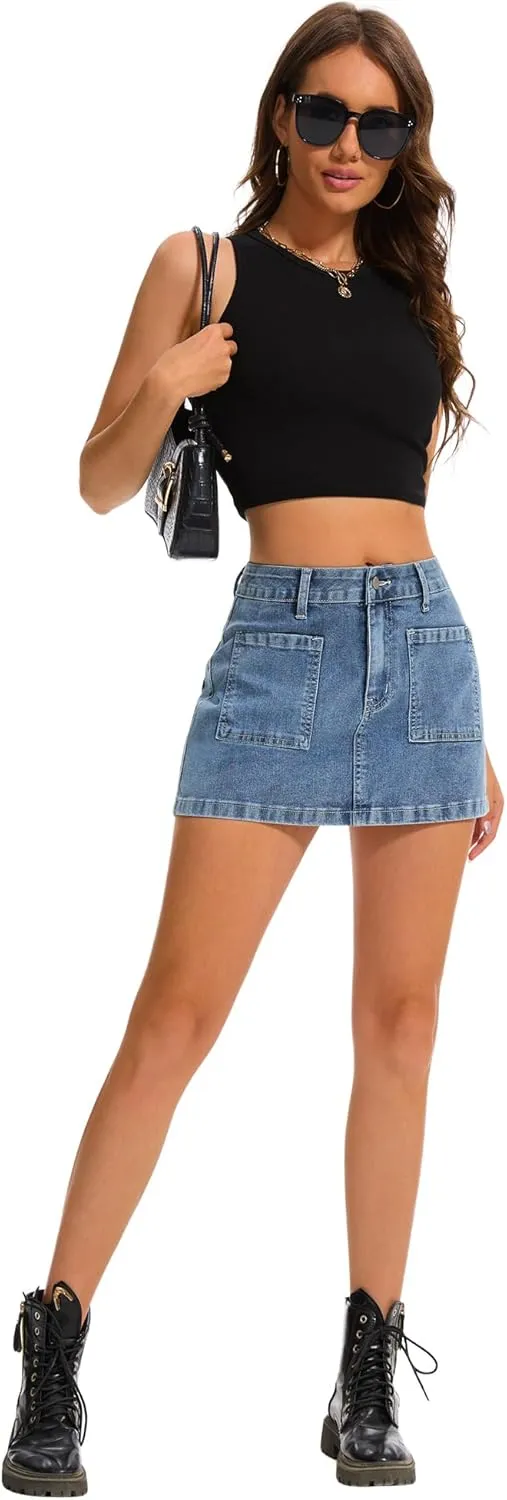 Womens Denim Mini Skirt Stretch Mid Waist Trendy Button Y2k Jean Skirts with Front Pockets