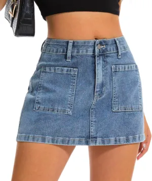 Womens Denim Mini Skirt Stretch Mid Waist Trendy Button Y2k Jean Skirts with Front Pockets