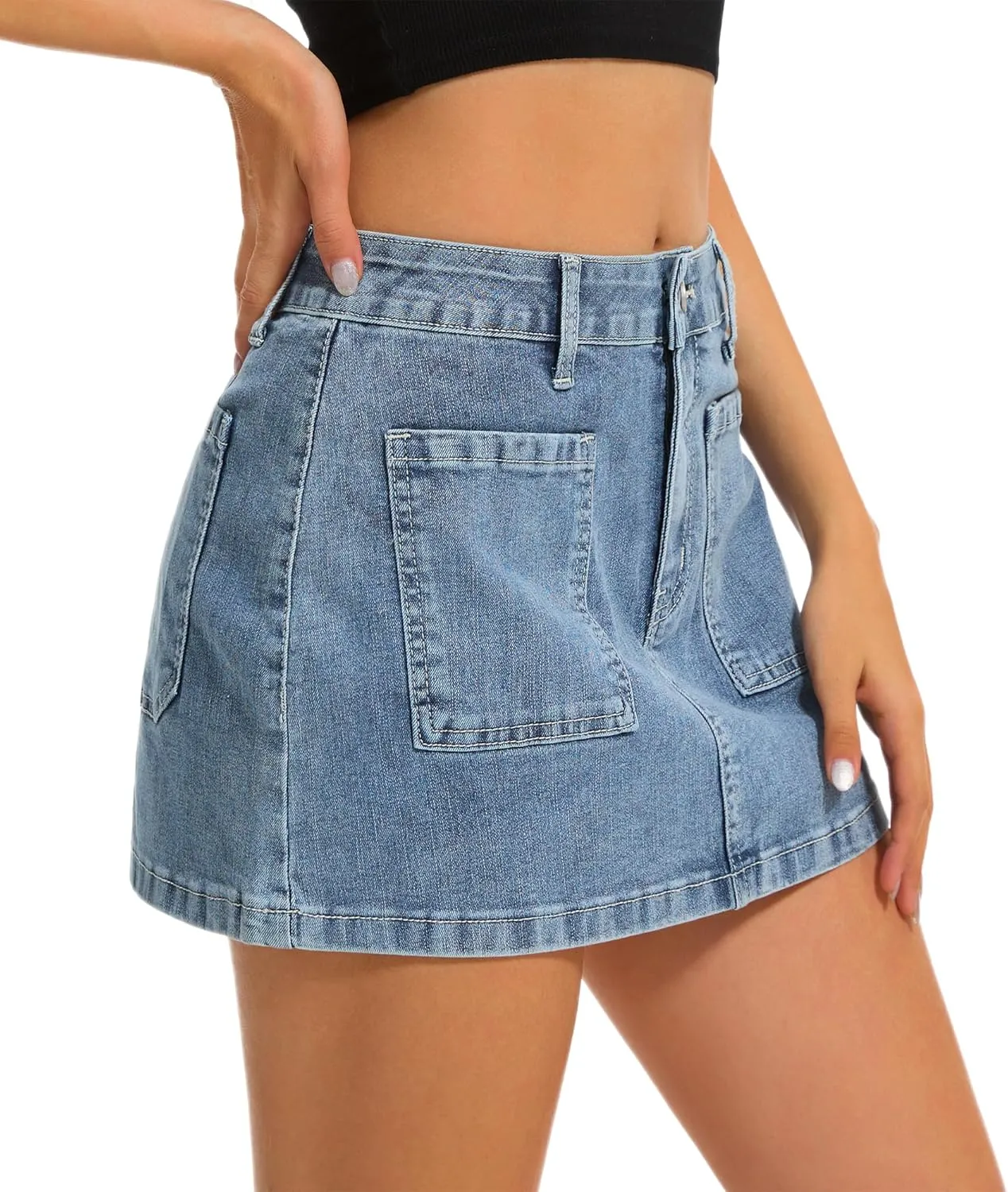 Womens Denim Mini Skirt Stretch Mid Waist Trendy Button Y2k Jean Skirts with Front Pockets