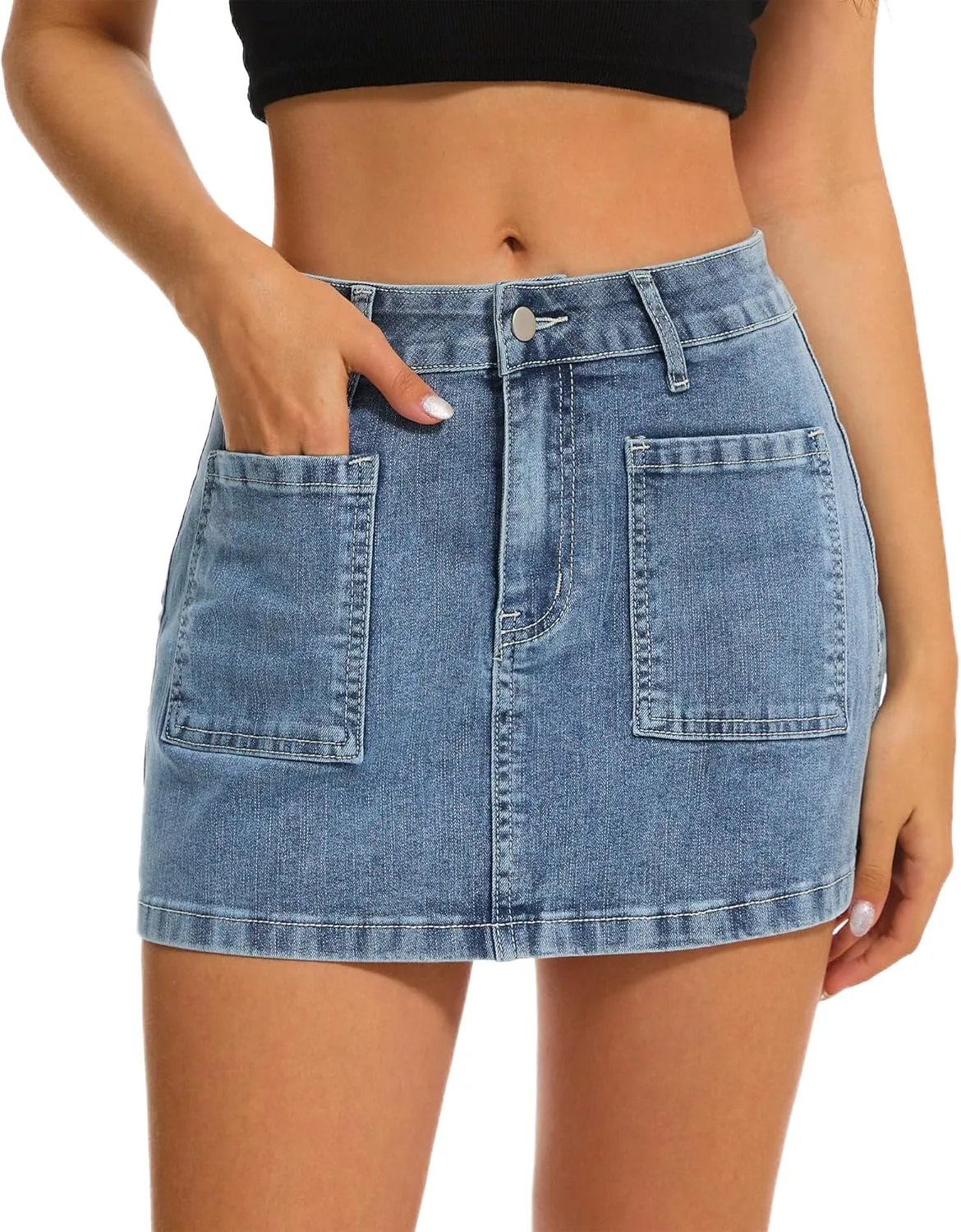 Womens Denim Mini Skirt Stretch Mid Waist Trendy Button Y2k Jean Skirts with Front Pockets