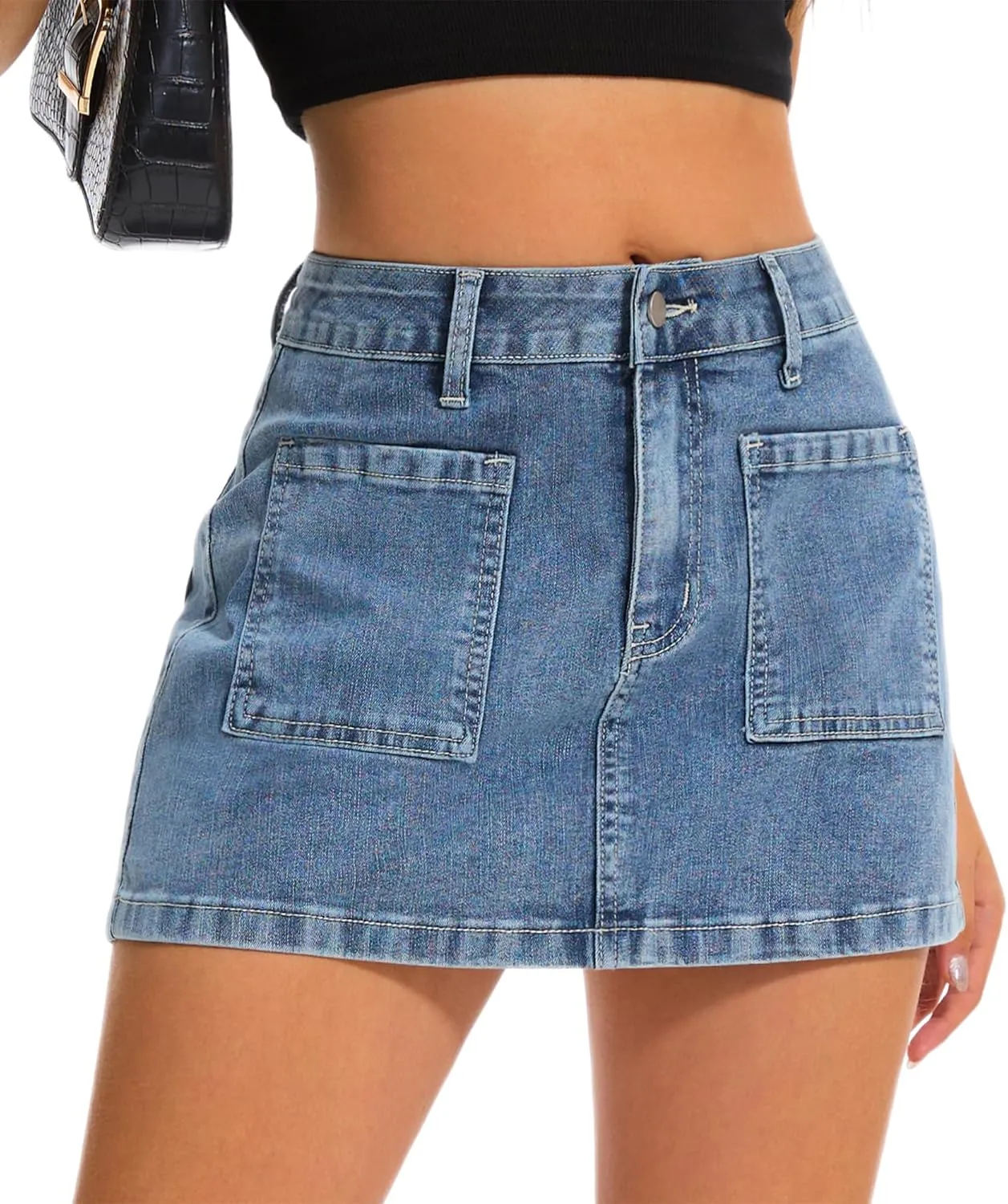 Womens Denim Mini Skirt Stretch Mid Waist Trendy Button Y2k Jean Skirts with Front Pockets