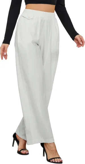 Womens Elastic High Waist Pants Straight Long Trousers Pockets Comfy Cotton Palazzo Work Business Casual