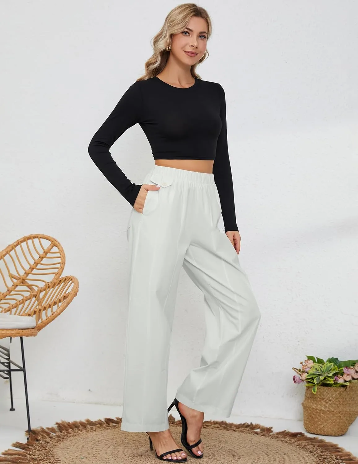 Womens Elastic High Waist Pants Straight Long Trousers Pockets Comfy Cotton Palazzo Work Business Casual
