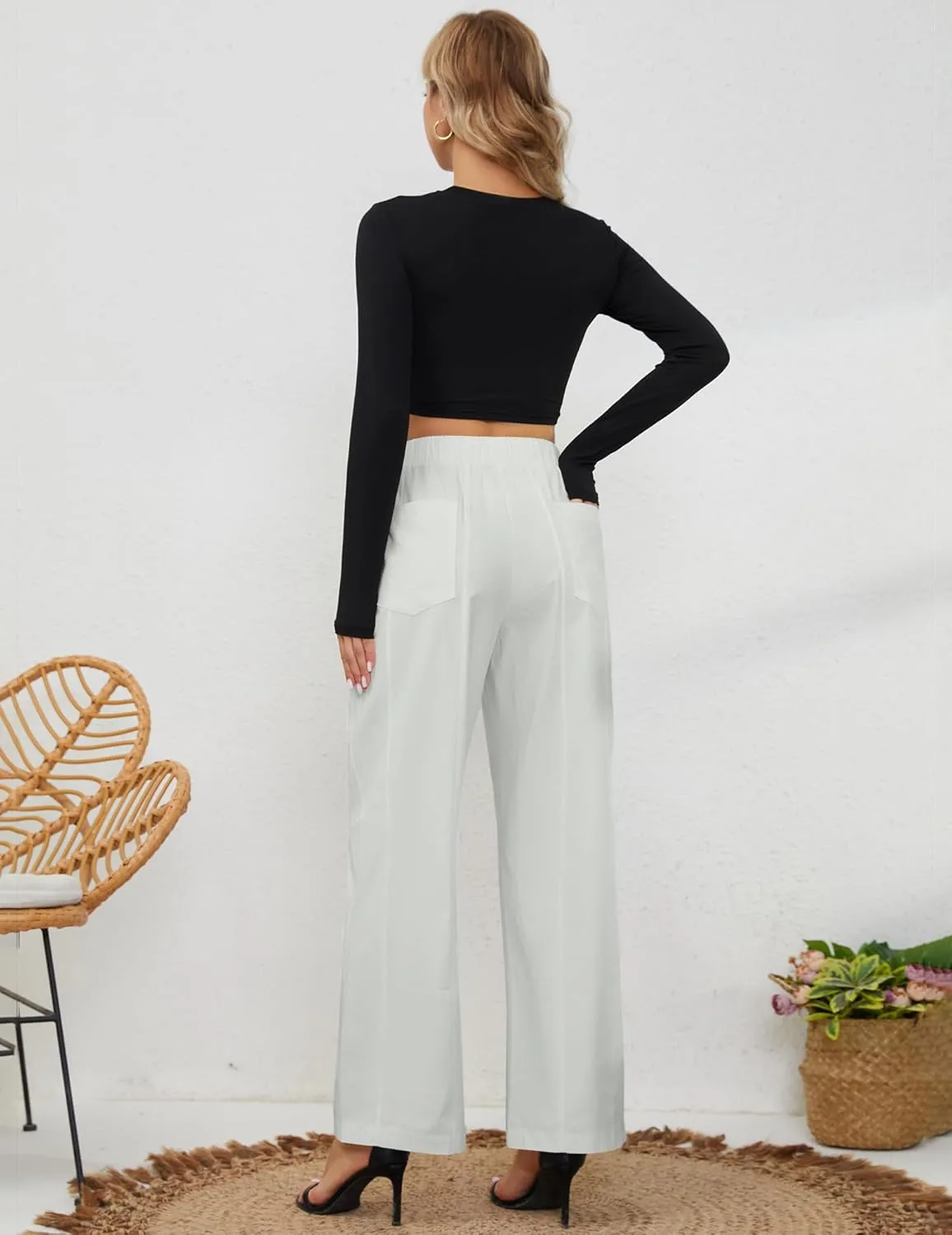 Womens Elastic High Waist Pants Straight Long Trousers Pockets Comfy Cotton Palazzo Work Business Casual