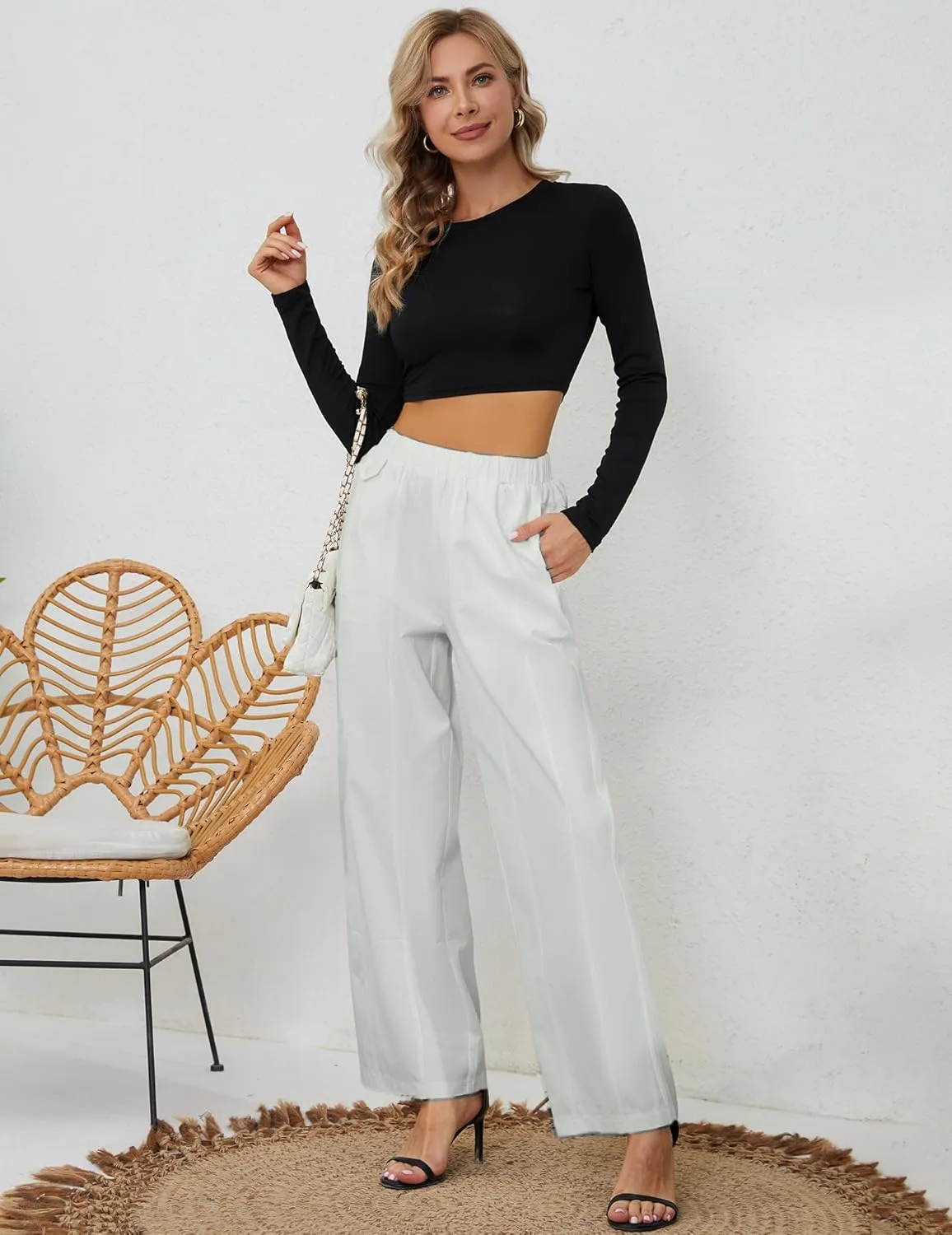 Womens Elastic High Waist Pants Straight Long Trousers Pockets Comfy Cotton Palazzo Work Business Casual