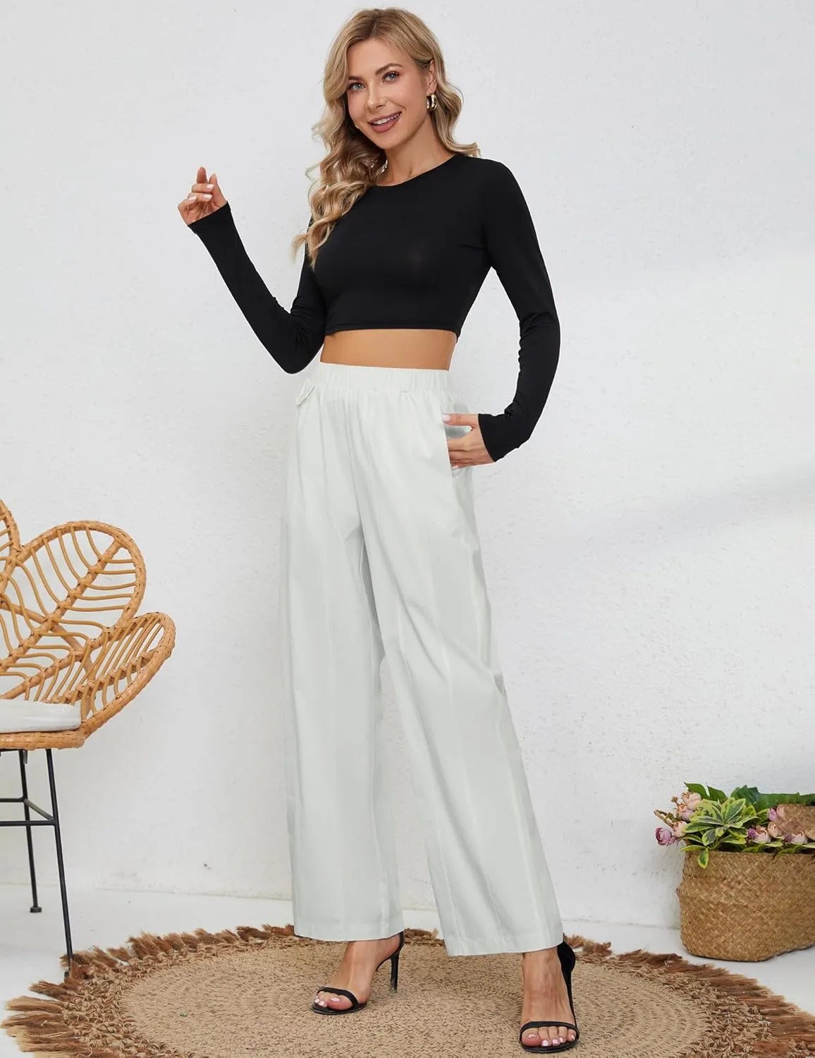 Womens Elastic High Waist Pants Straight Long Trousers Pockets Comfy Cotton Palazzo Work Business Casual