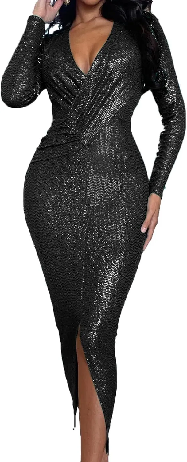 Women's Elegant Long Sleeve Sparkly Sequin Bodycon Midi Dresses Sexy Deep V Neck Ruched Cocktail Party Wrap Dress