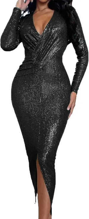 Women's Elegant Long Sleeve Sparkly Sequin Bodycon Midi Dresses Sexy Deep V Neck Ruched Cocktail Party Wrap Dress