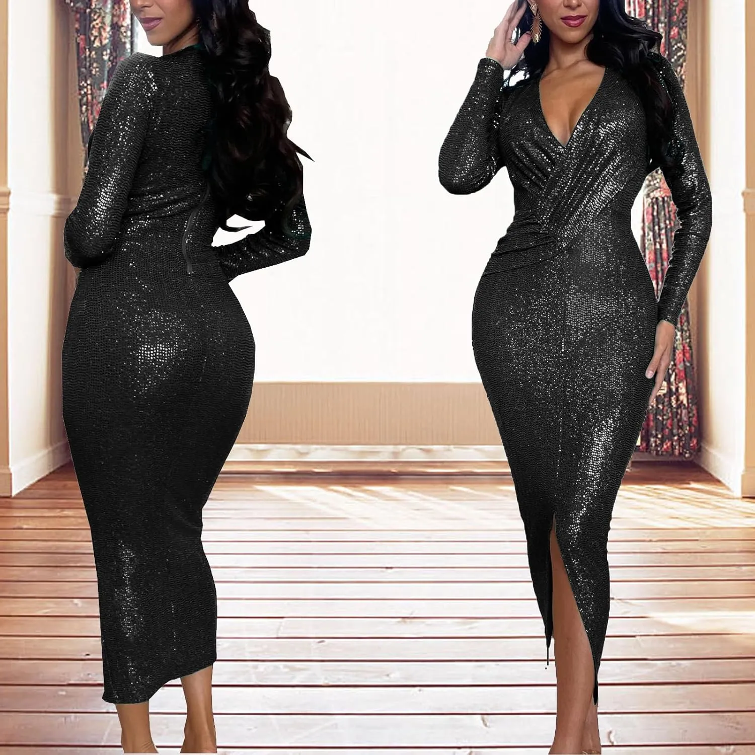 Women's Elegant Long Sleeve Sparkly Sequin Bodycon Midi Dresses Sexy Deep V Neck Ruched Cocktail Party Wrap Dress