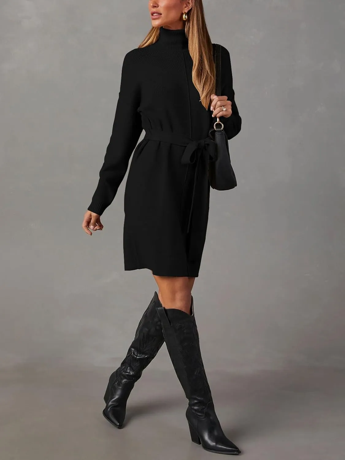 Women's Fall High Neck Sweater Dress Long Sleeve Ribbed Casual Knit Pullover Short Dresses Tie Waist