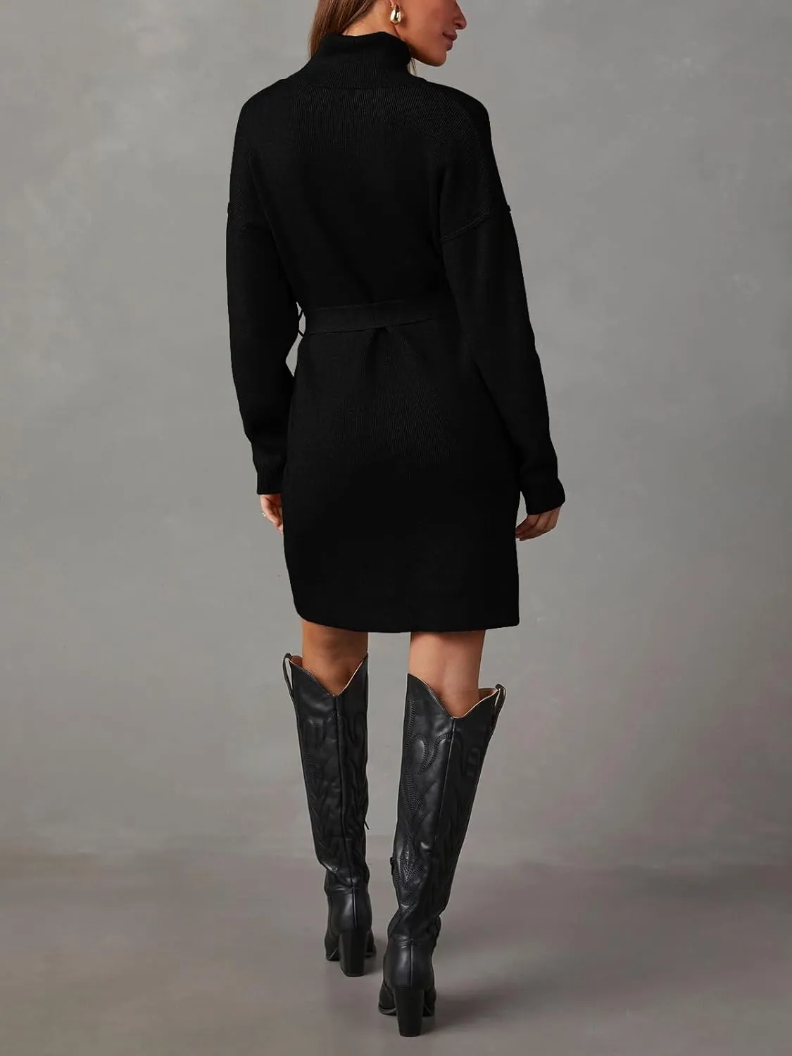 Women's Fall High Neck Sweater Dress Long Sleeve Ribbed Casual Knit Pullover Short Dresses Tie Waist