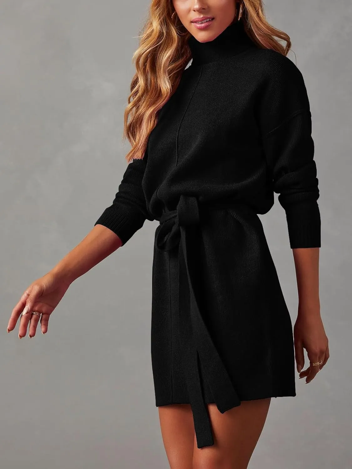 Women's Fall High Neck Sweater Dress Long Sleeve Ribbed Casual Knit Pullover Short Dresses Tie Waist