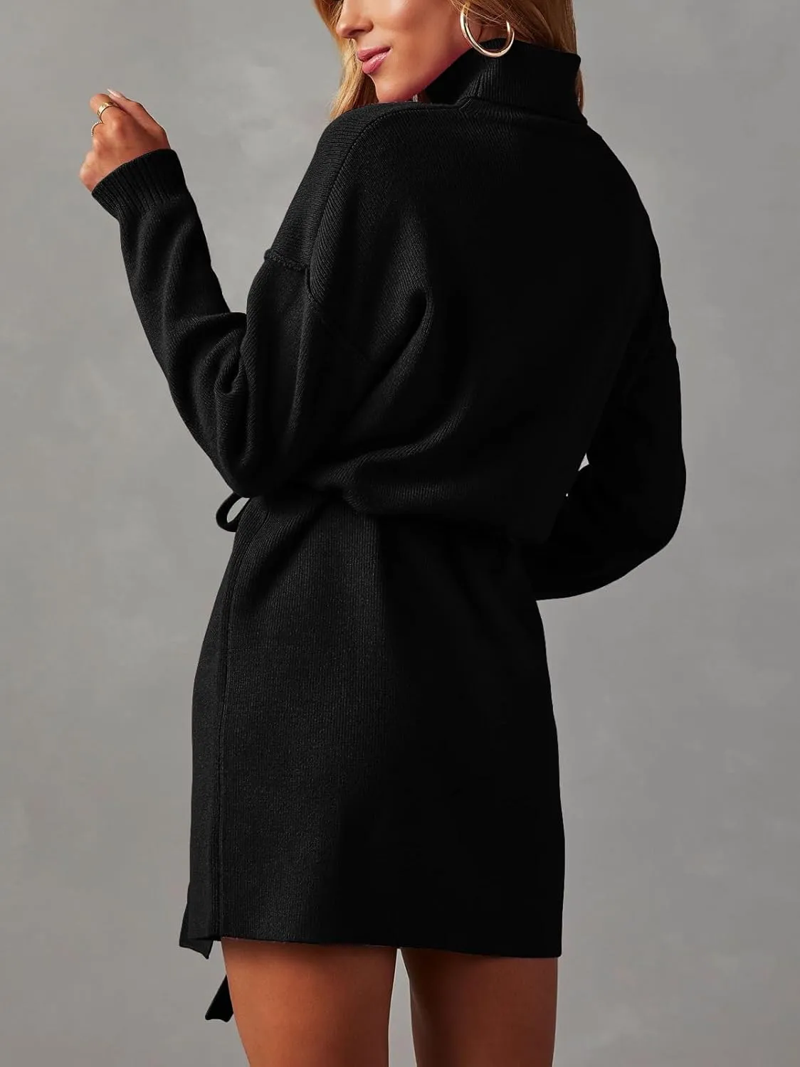 Women's Fall High Neck Sweater Dress Long Sleeve Ribbed Casual Knit Pullover Short Dresses Tie Waist