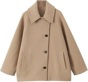 Women's Fall Single Breasted Pea Coat Long Sleeve Turndown Collar Wool Cape Blend Coat with Pockets