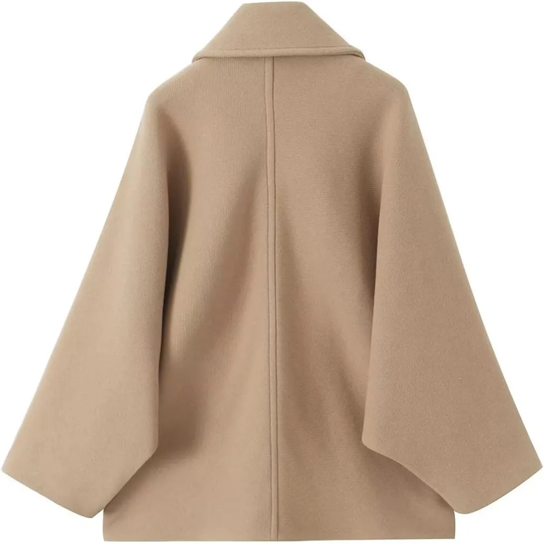 Women's Fall Single Breasted Pea Coat Long Sleeve Turndown Collar Wool Cape Blend Coat with Pockets