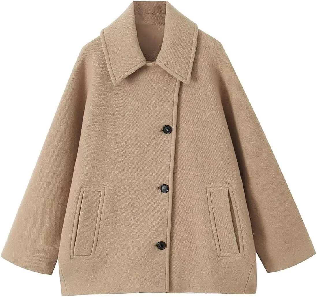 Women's Fall Single Breasted Pea Coat Long Sleeve Turndown Collar Wool Cape Blend Coat with Pockets