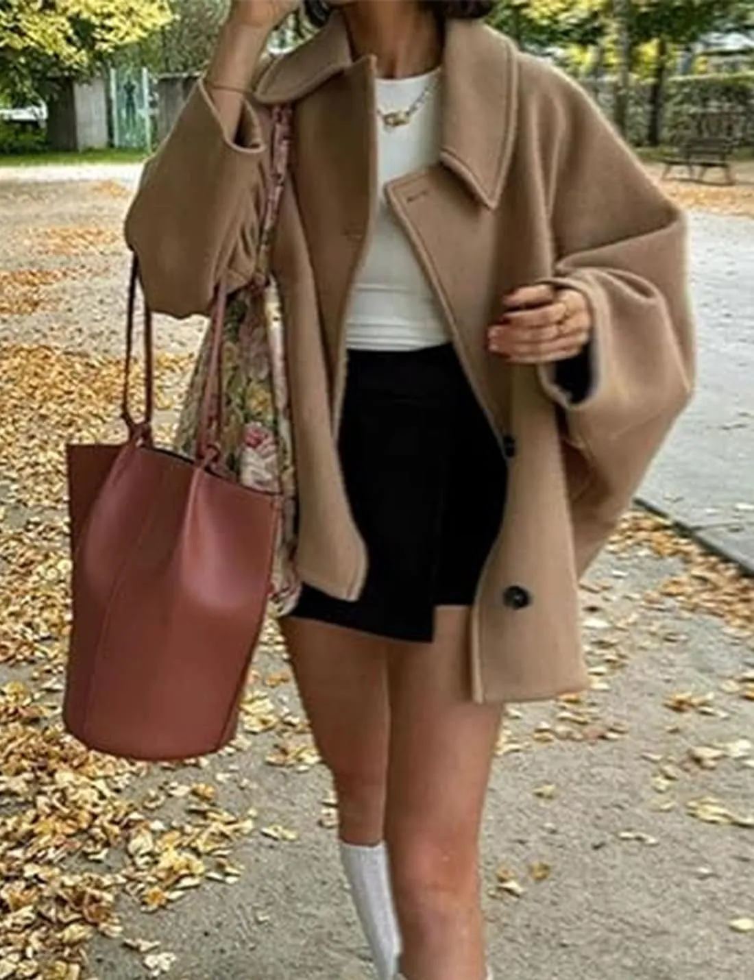 Women's Fall Single Breasted Pea Coat Long Sleeve Turndown Collar Wool Cape Blend Coat with Pockets