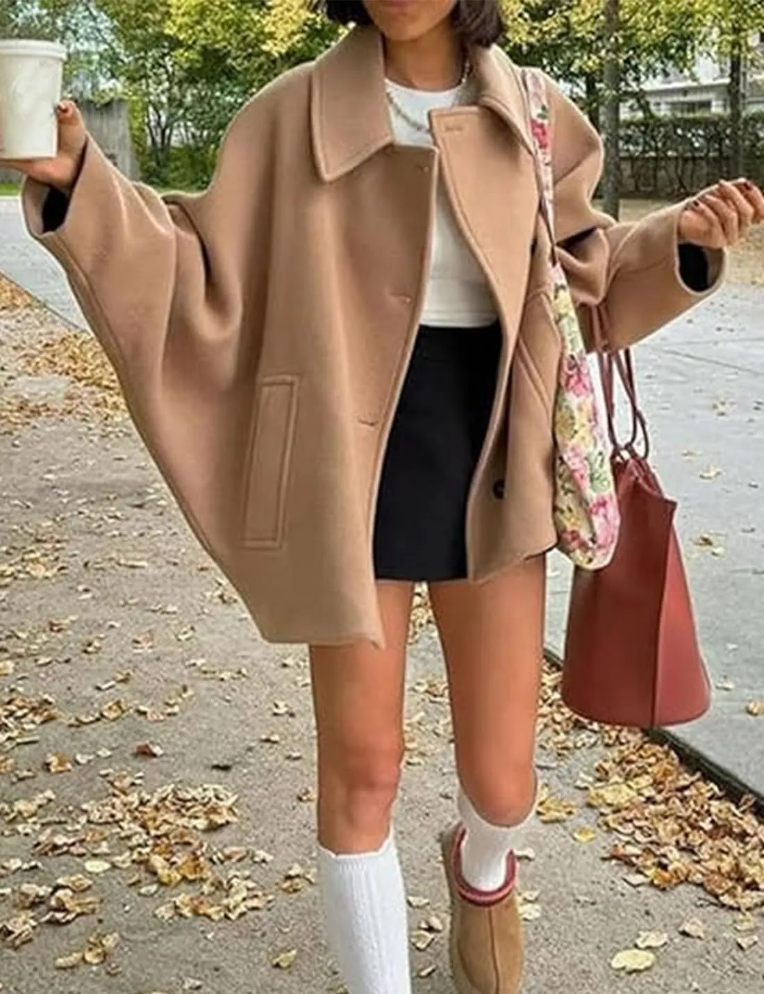 Women's Fall Single Breasted Pea Coat Long Sleeve Turndown Collar Wool Cape Blend Coat with Pockets