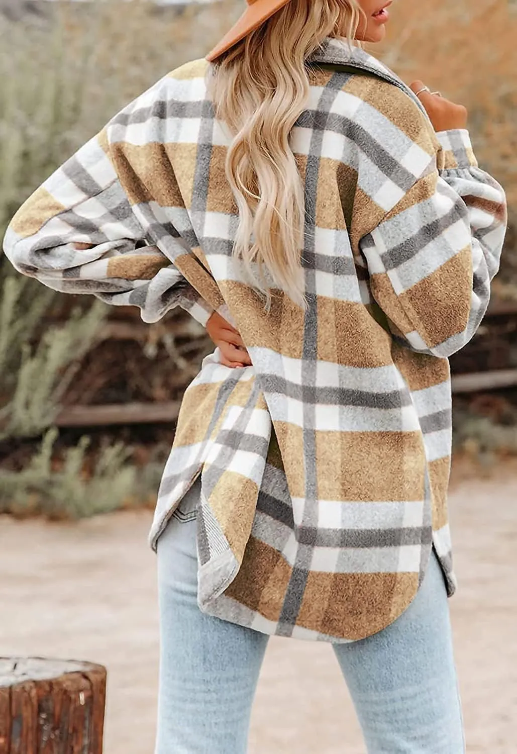 Women's Flannel Plaid Jacket Long Sleeve Button Down Pocket Shirts Coats Shacket