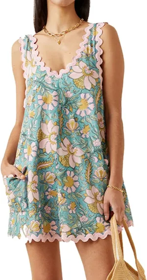 Women's Floral Print Ricrac Trim Tank Dress Summer V Neck Sleeveless Backless Dresses Loose Mini Dress with Pockets