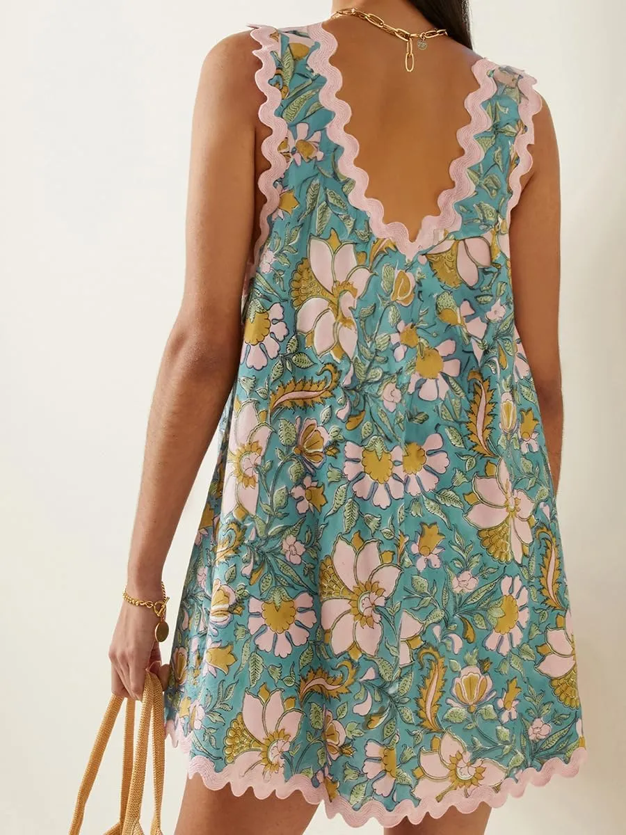 Women's Floral Print Ricrac Trim Tank Dress Summer V Neck Sleeveless Backless Dresses Loose Mini Dress with Pockets