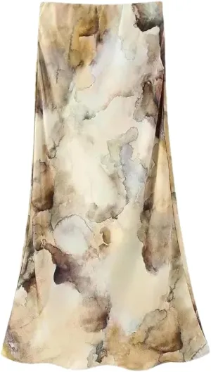 Womens High Waist Midi Mermaid Skirt Tie Dye Print Satin Office Skirts Vintage Party Slim Long Skirt