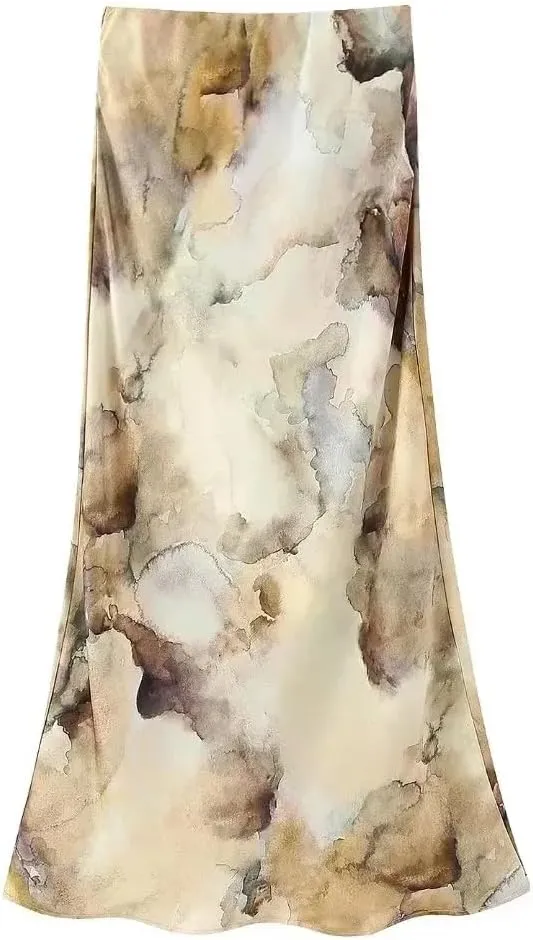 Womens High Waist Midi Mermaid Skirt Tie Dye Print Satin Office Skirts Vintage Party Slim Long Skirt
