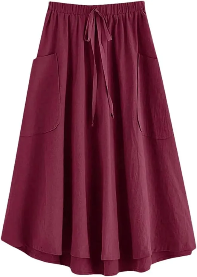 Women's High Waist Pleated Midi Skirt with Pocket Korean Fashion A Line Slim Skirt