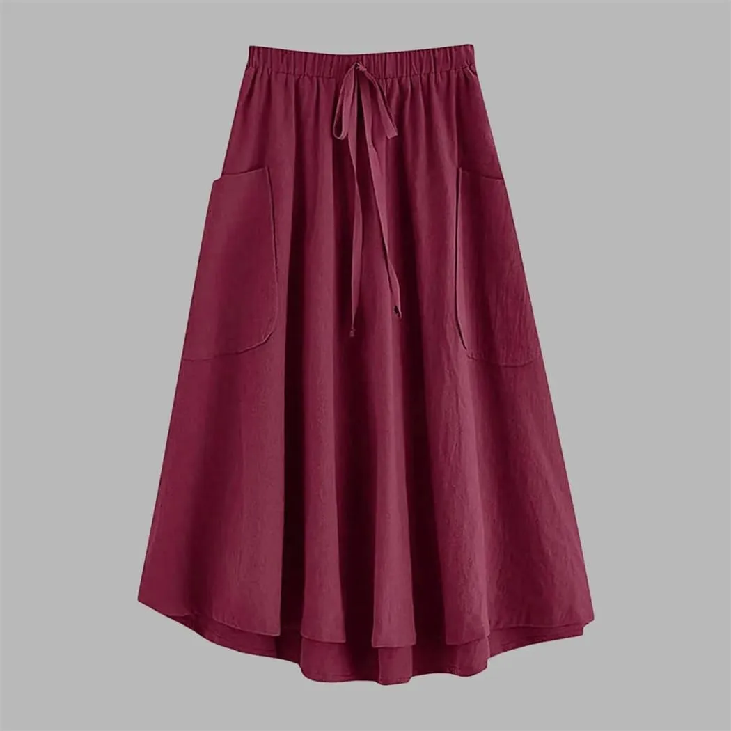 Women's High Waist Pleated Midi Skirt with Pocket Korean Fashion A Line Slim Skirt