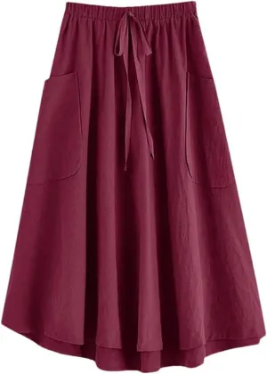 Women's High Waist Pleated Midi Skirt with Pocket Korean Fashion A Line Slim Skirt