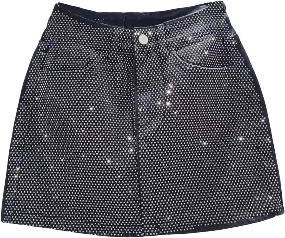Women's High Waisted Trendy Rivet Denim Skirt Spring Summer All Match A Line Mini Jean Skirts
