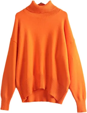 Women's Knitted Solid Turtleneck Oversized Sweater Loose Thick Long Sleeve Pullovers Knitwears Tops