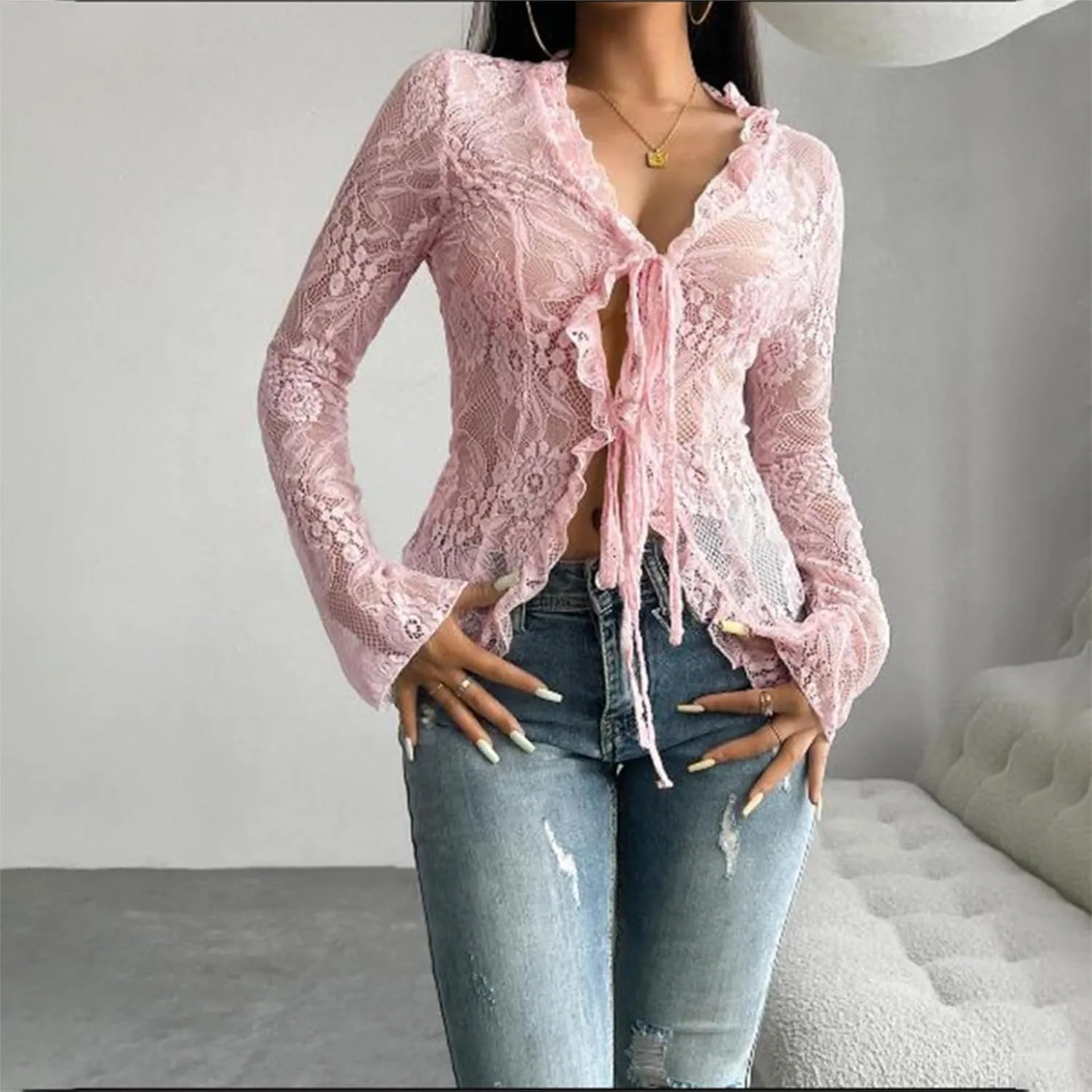 Women's Lace Long Sleeve Crop Top Sexy V Neck See Through Shirt Floral Lace Open Front Tie Blouse Streetwear