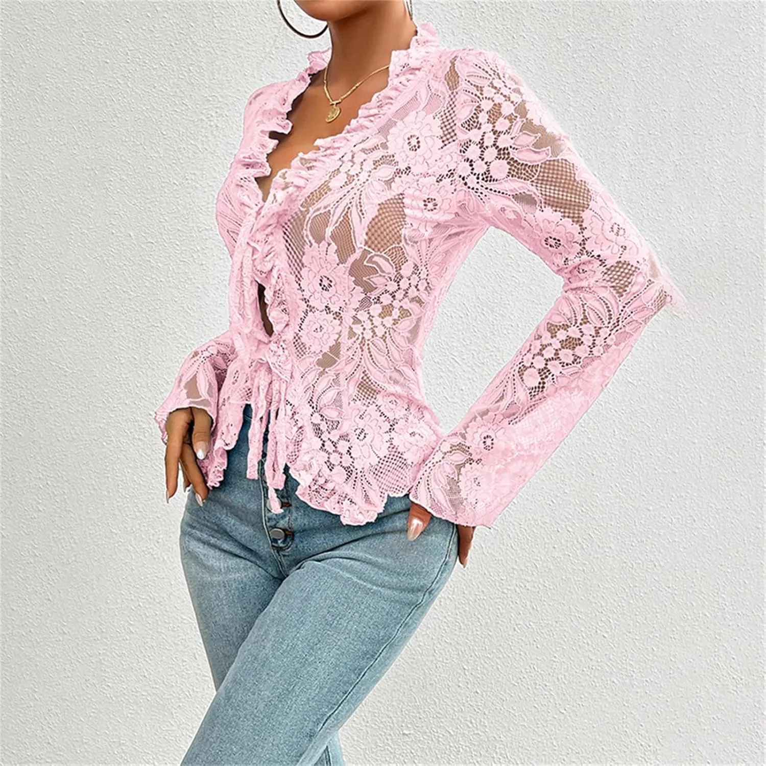 Women's Lace Long Sleeve Crop Top Sexy V Neck See Through Shirt Floral Lace Open Front Tie Blouse Streetwear